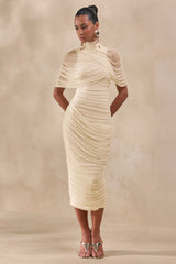 Fleurise | Cream Mesh High-Neck Midi Dress With Short Cape-Sleeves And Gathered-Detailing