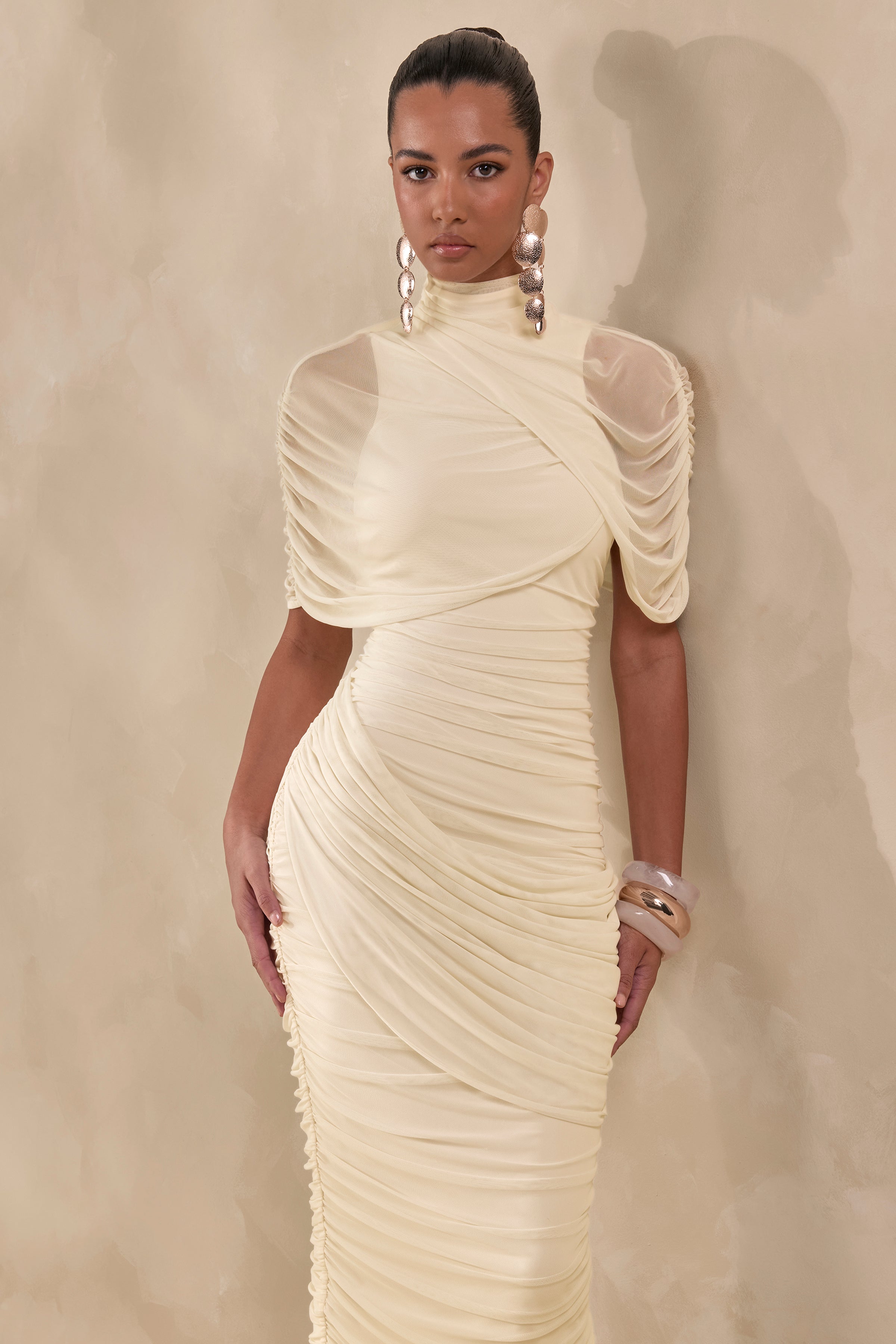 Fleurise | Cream Mesh High-Neck Midi Dress With Short Cape-Sleeves And Gathered-Detailing