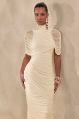 Fleurise | Cream Mesh High-Neck Midi Dress With Short Cape-Sleeves And Gathered-Detailing