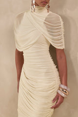 Fleurise | Cream Mesh High-Neck Midi Dress With Short Cape-Sleeves And Gathered-Detailing