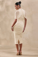 Fleurise | Cream Mesh High-Neck Midi Dress With Short Cape-Sleeves And Gathered-Detailing