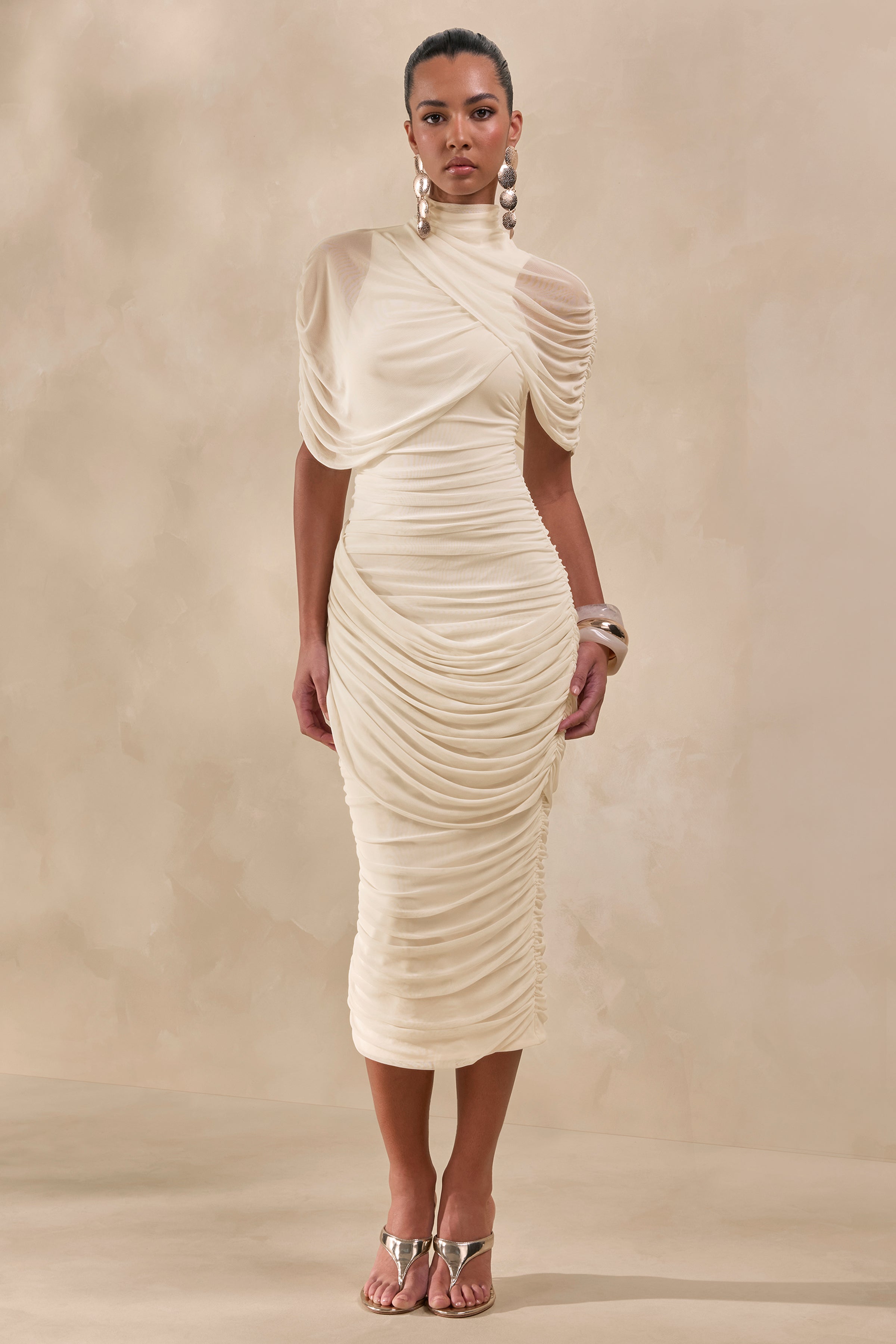 Fleurise | Cream Mesh High-Neck Midi Dress With Short Cape-Sleeves And Gathered-Detailing