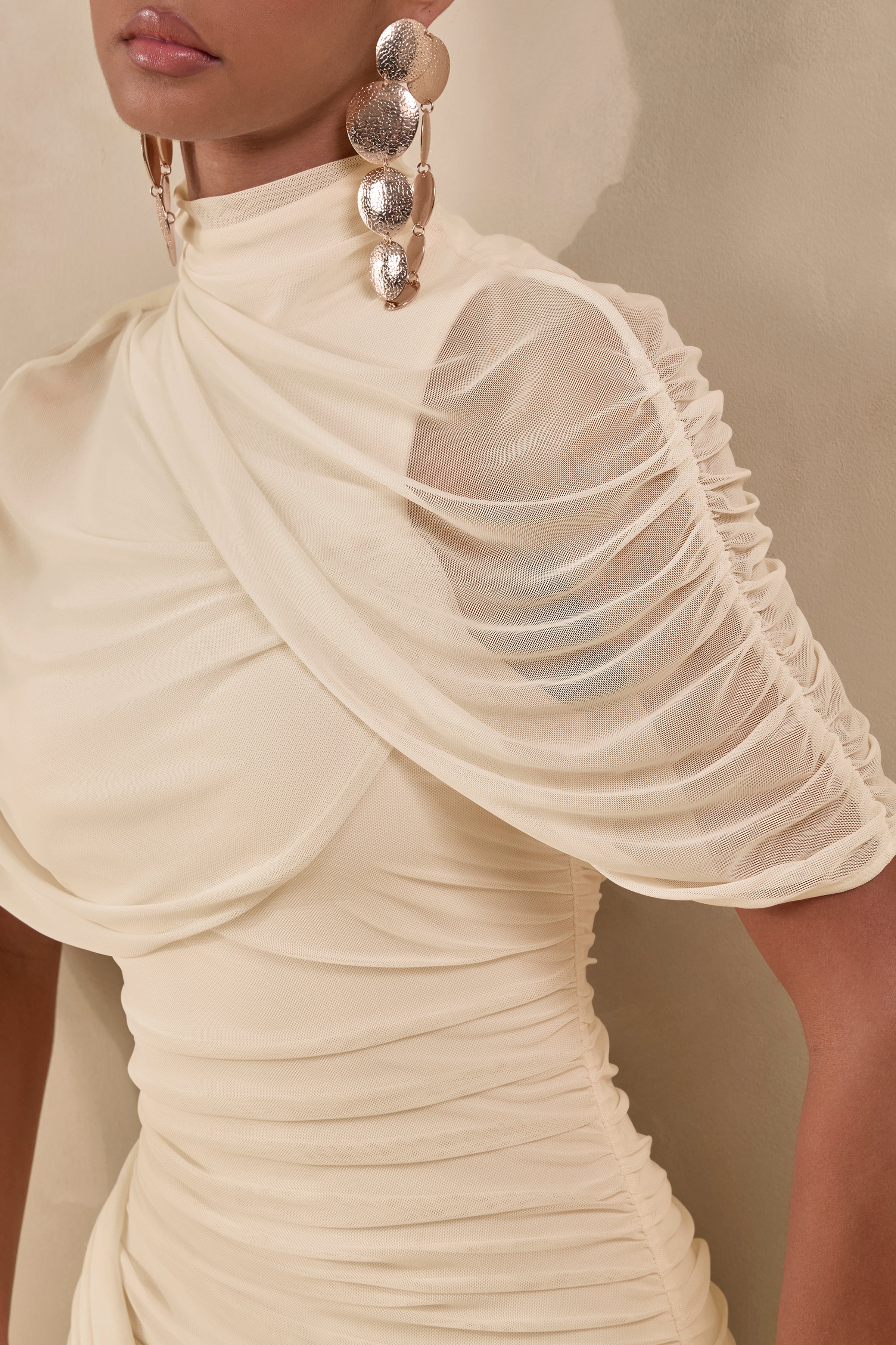 Fleurise | Cream Mesh High-Neck Midi Dress With Short Cape-Sleeves And Gathered-Detailing