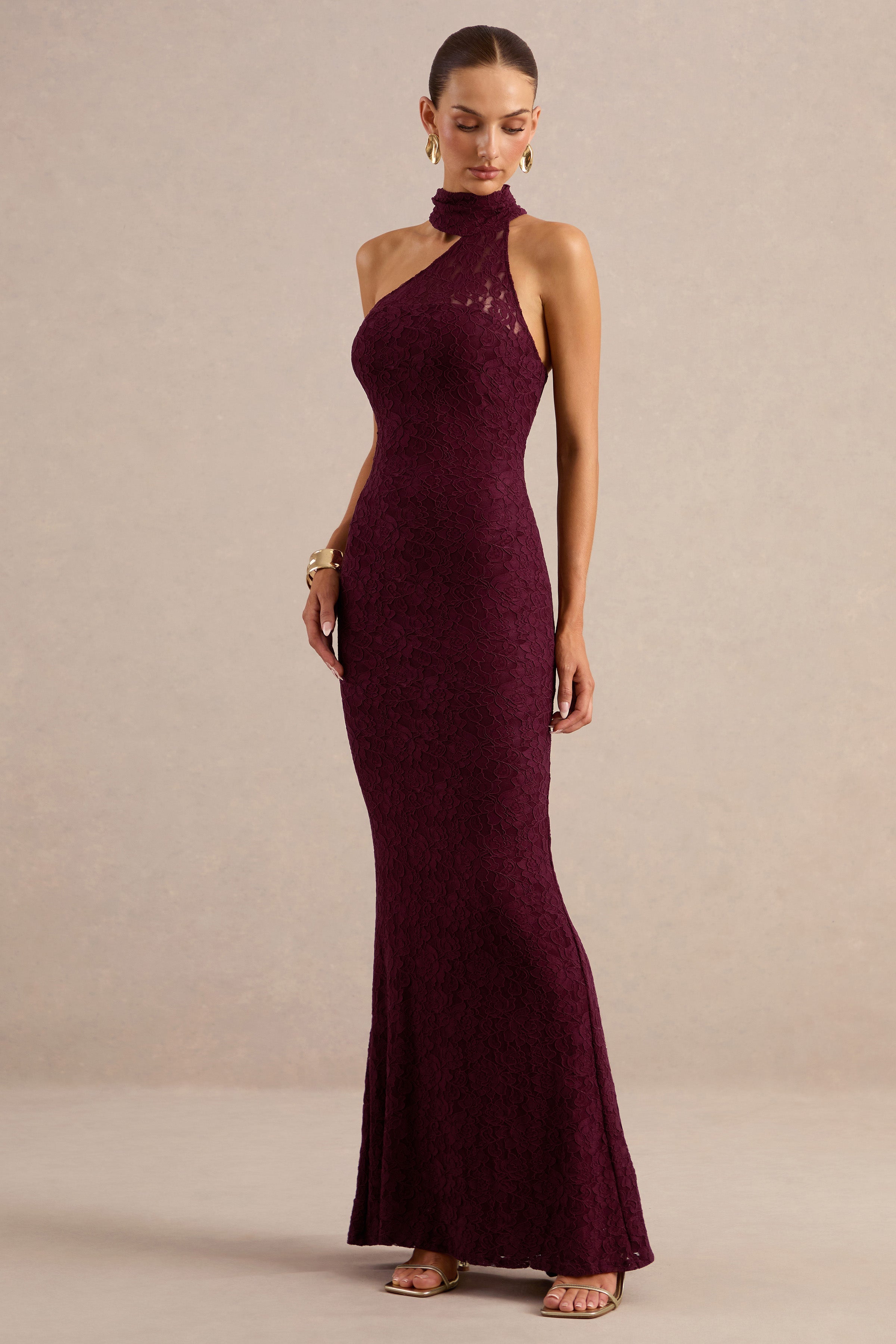 Almaria | Burgundy Lace Asymmetric-Neck Maxi Dress With Collar-Detail