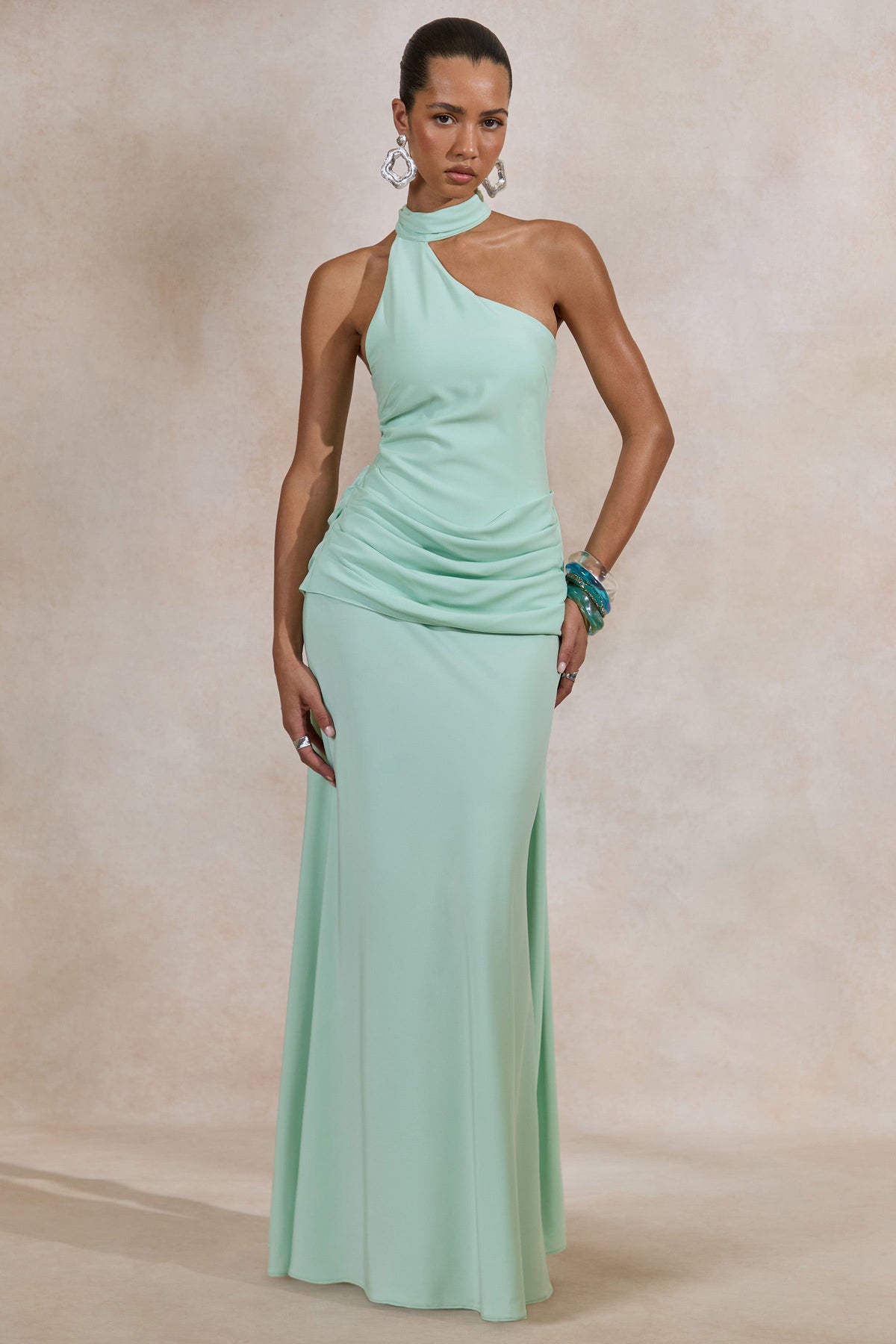 Aevina | Mint Satin Asymmetric-Neck Maxi Dress With Scarf-Detail