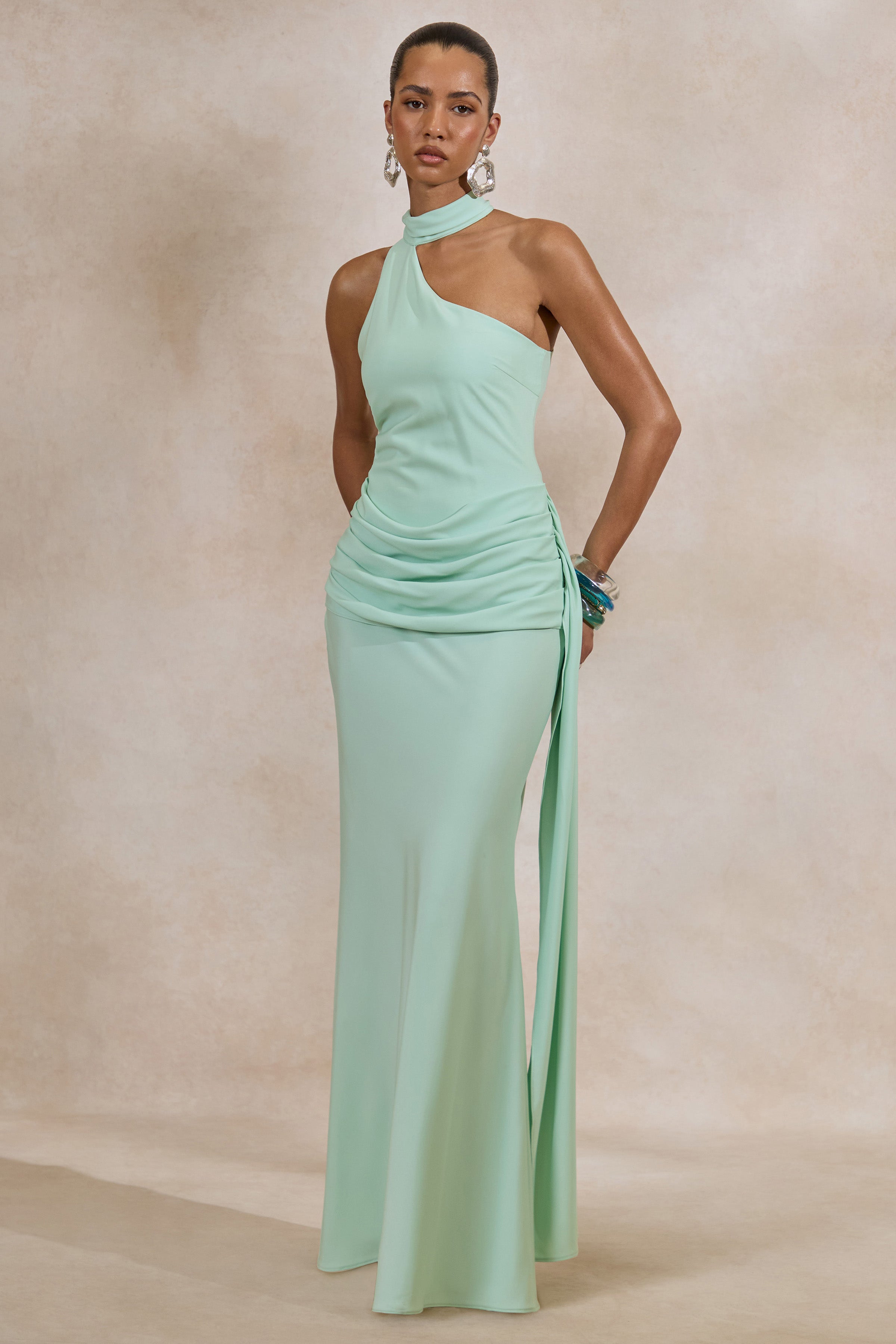 Aevina | Mint Satin Asymmetric-Neck Maxi Dress With Scarf-Detail