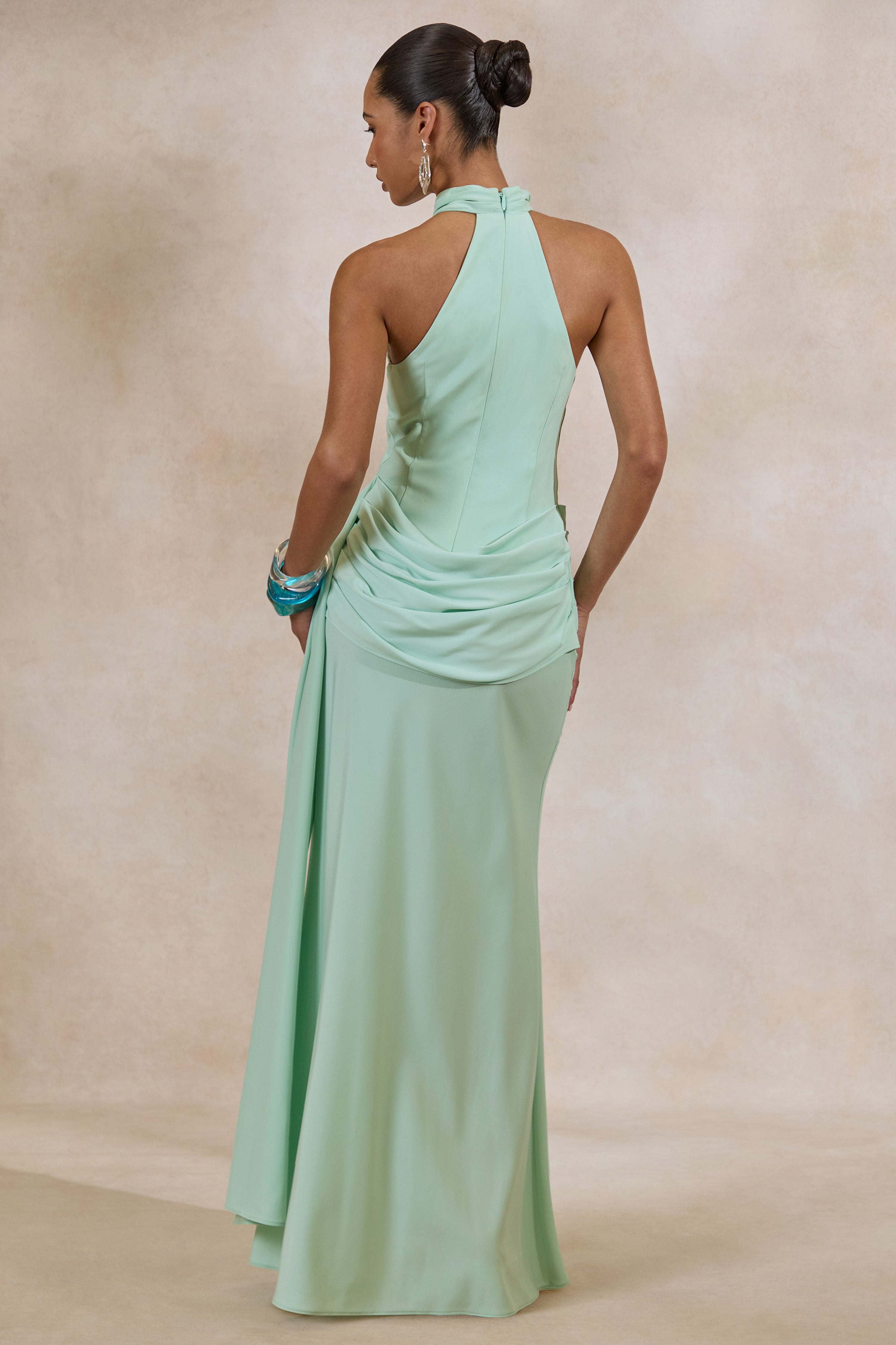 Aevina | Mint Satin Asymmetric-Neck Maxi Dress With Scarf-Detail