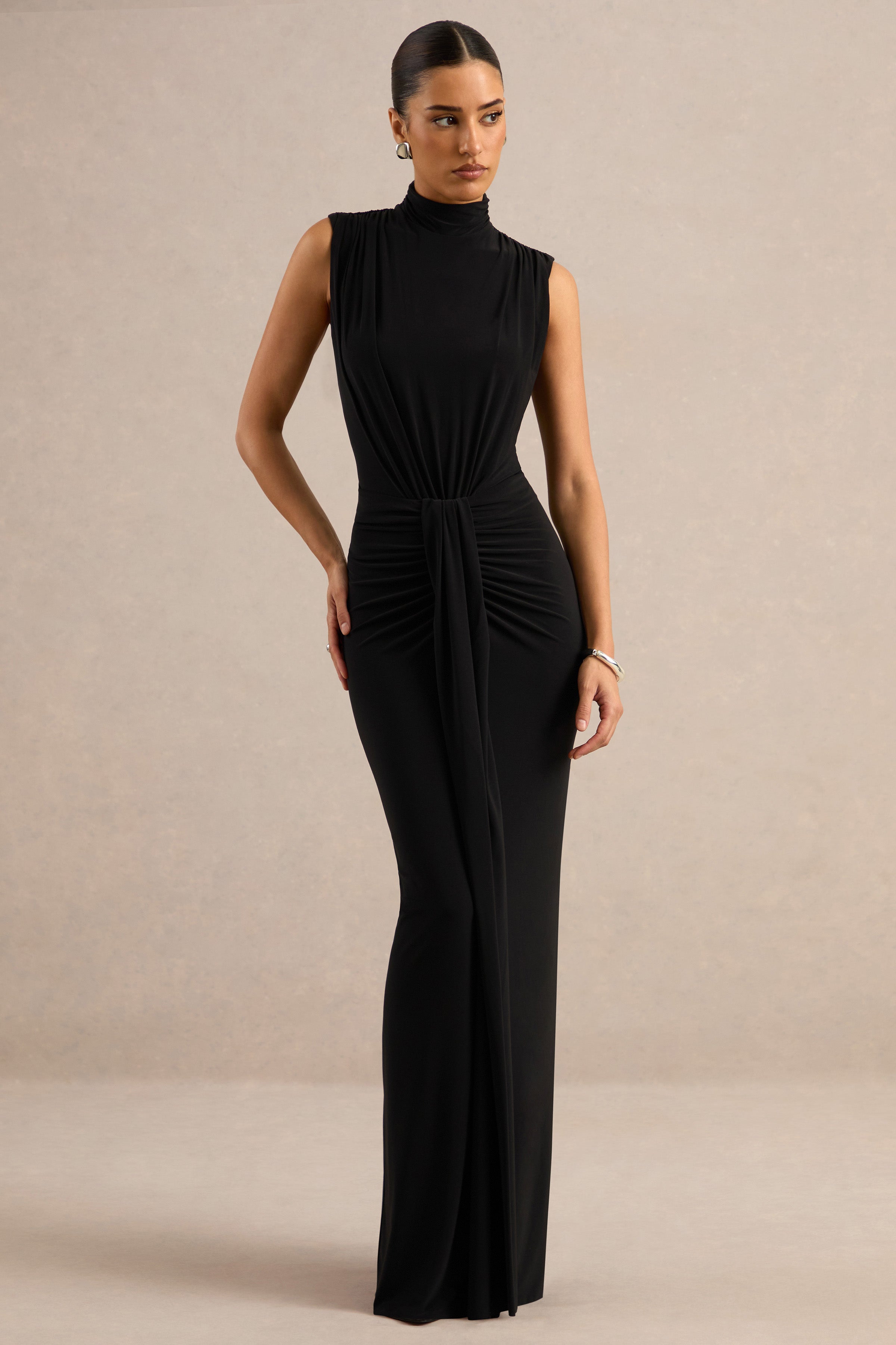 Isona | Black High-Neck Maxi Dress With Gathered-Detailing And Sash