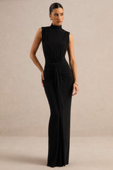 Isona | Black High-Neck Maxi Dress With Gathered-Detailing And Sash