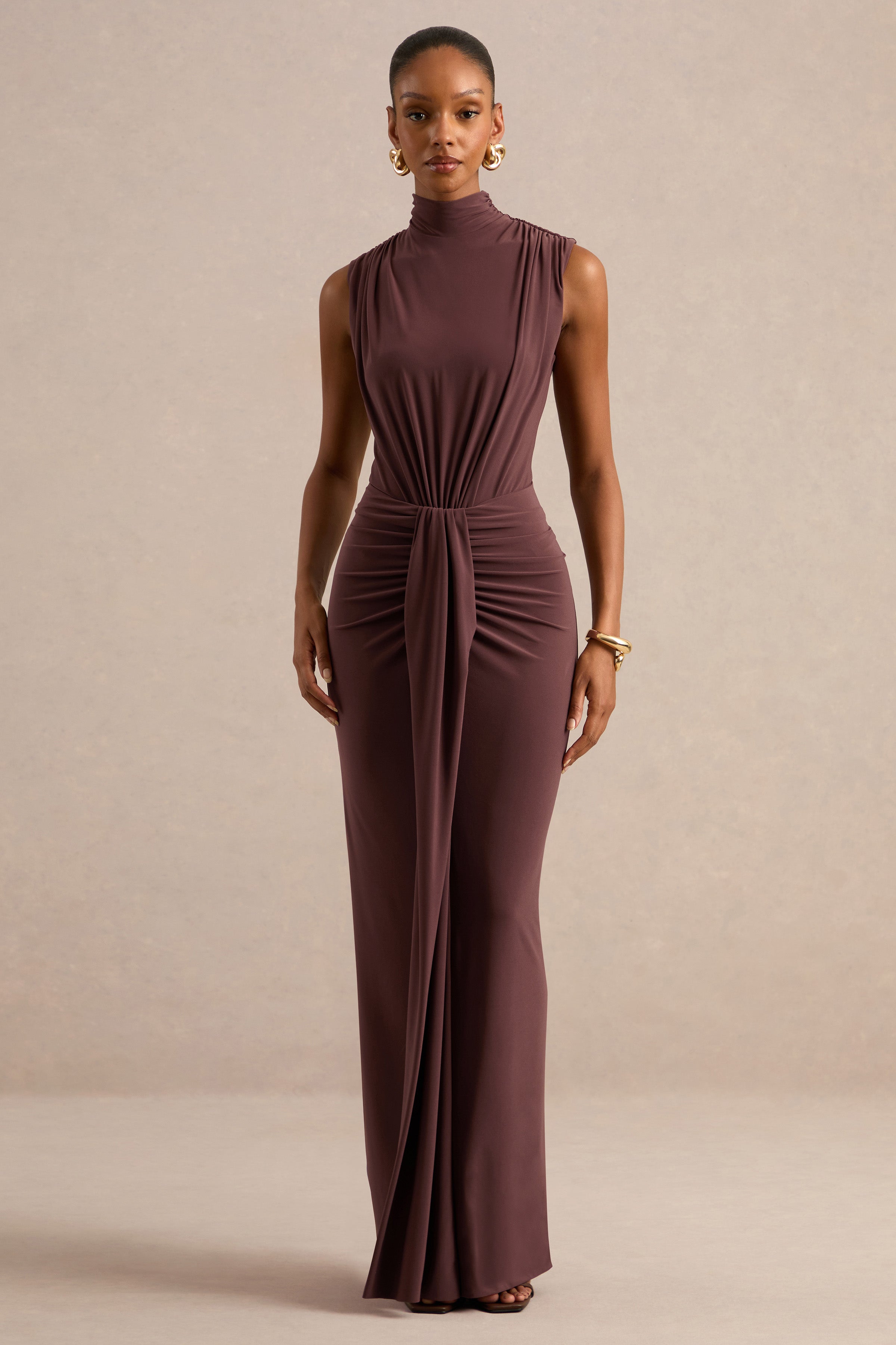 Isona | Brown High-Neck Maxi Dress With Gathered-Detailing And Sash