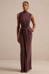 Isona | Brown High-Neck Maxi Dress With Gathered-Detailing And Sash