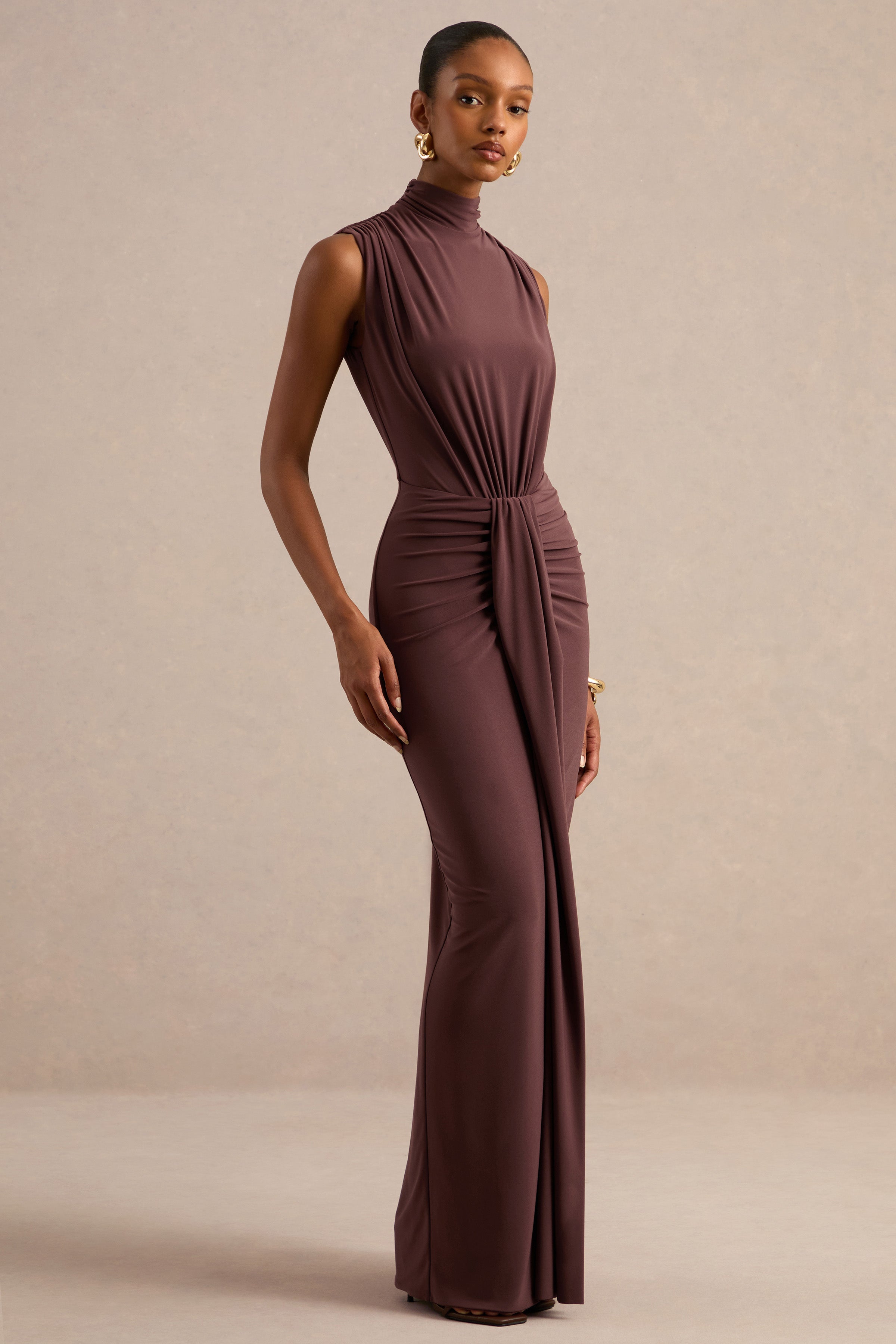 Isona | Brown High-Neck Maxi Dress With Gathered-Detailing And Sash