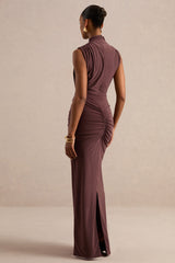 Isona | Brown High-Neck Maxi Dress With Gathered-Detailing And Sash