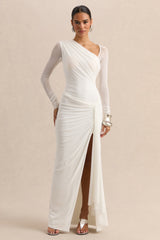 Rimena | White Asymmetric-Neck Maxi-Dress With Gathered Detailing And Mesh Long-Sleeves