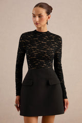 Mysteria | Black High-Neck Lace Mini Dress With Pocket-Details