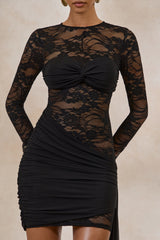 Milavia | Black Lace Crew-Neck Mini Dress With Wrap & Sash Detail