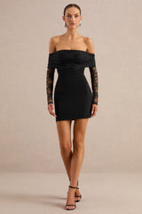 Incantelle | Black Bardot-Neck Mini Dress