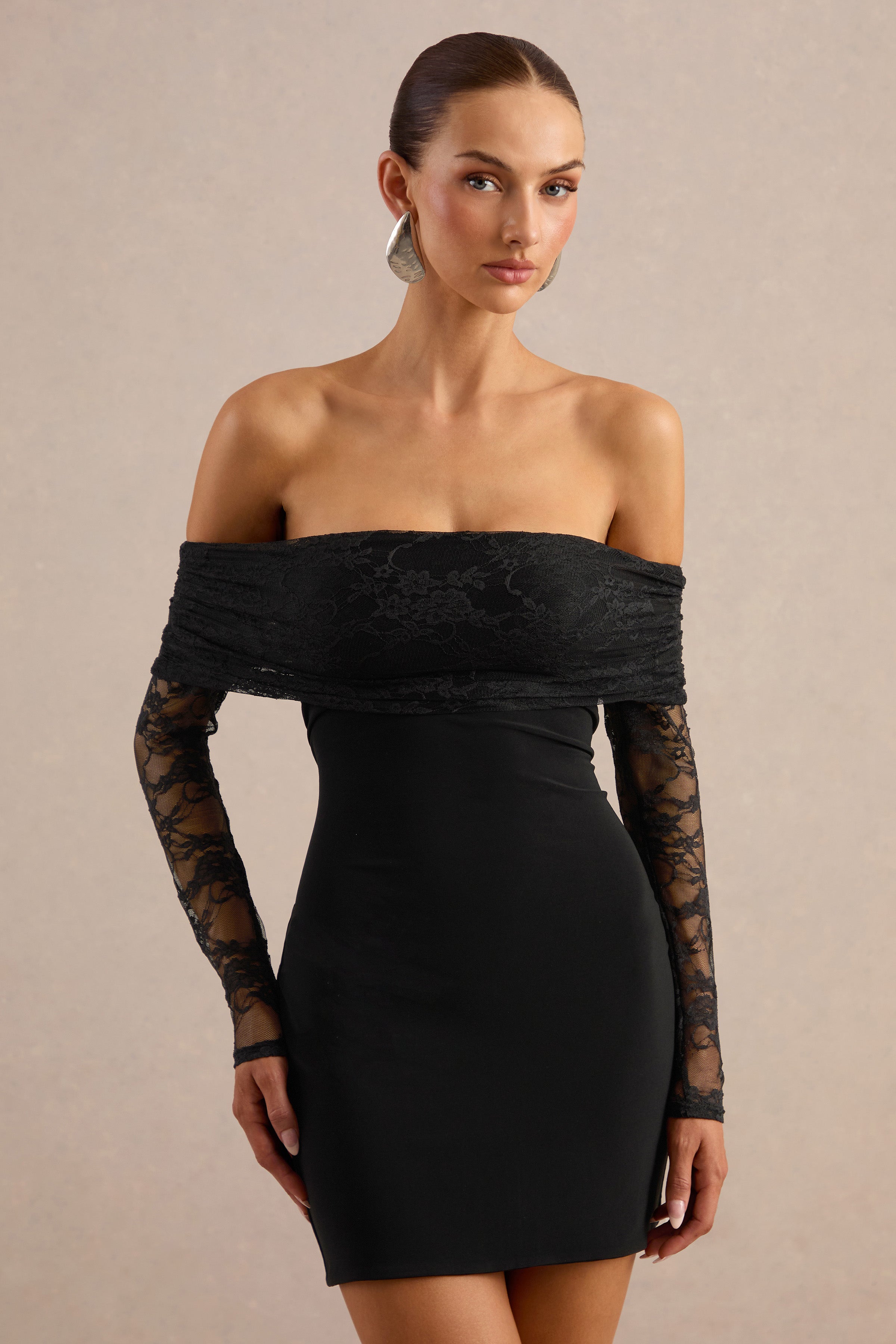 Incantelle | Black Bardot-Neck Mini Dress
