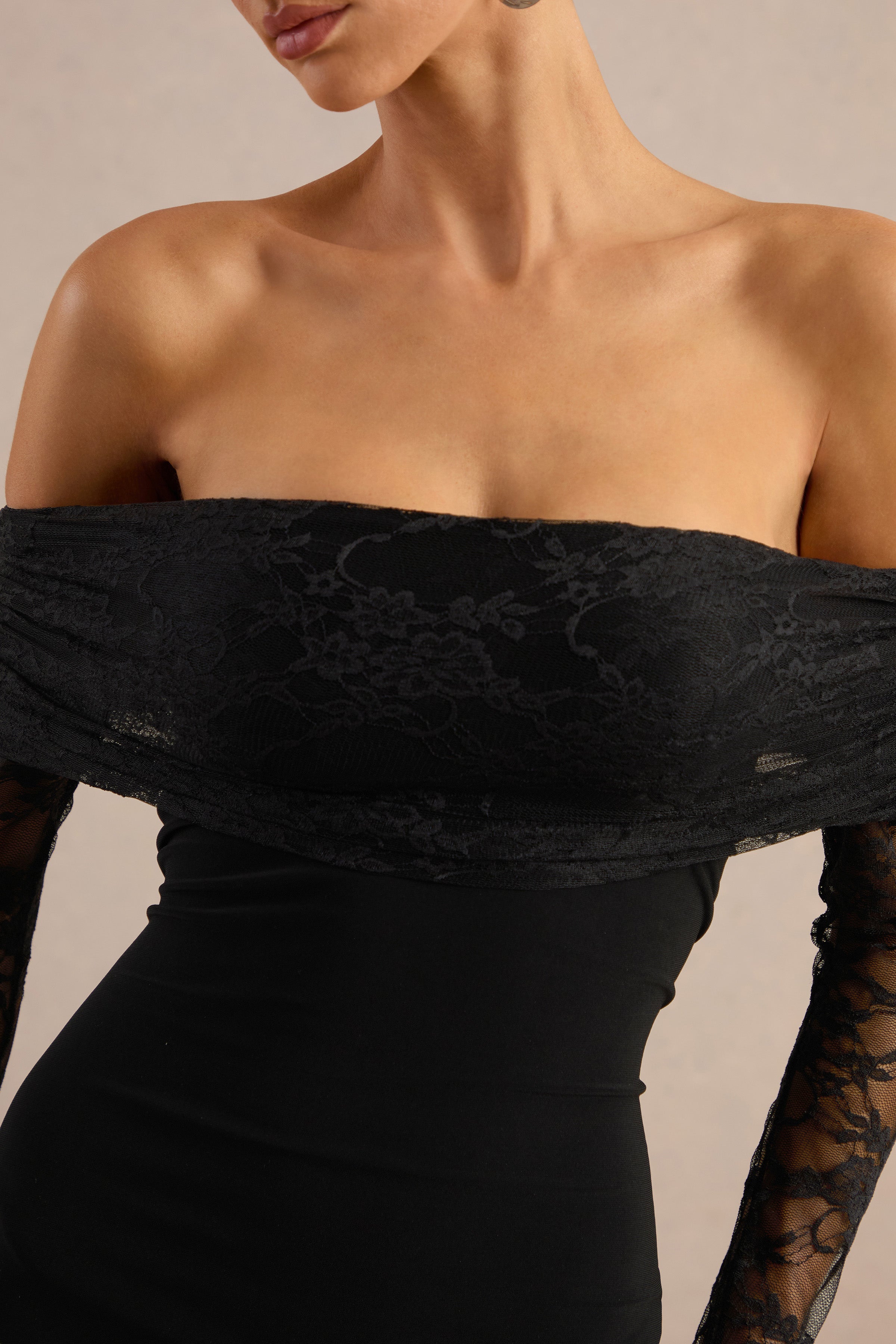 Incantelle | Black Bardot-Neck Mini Dress