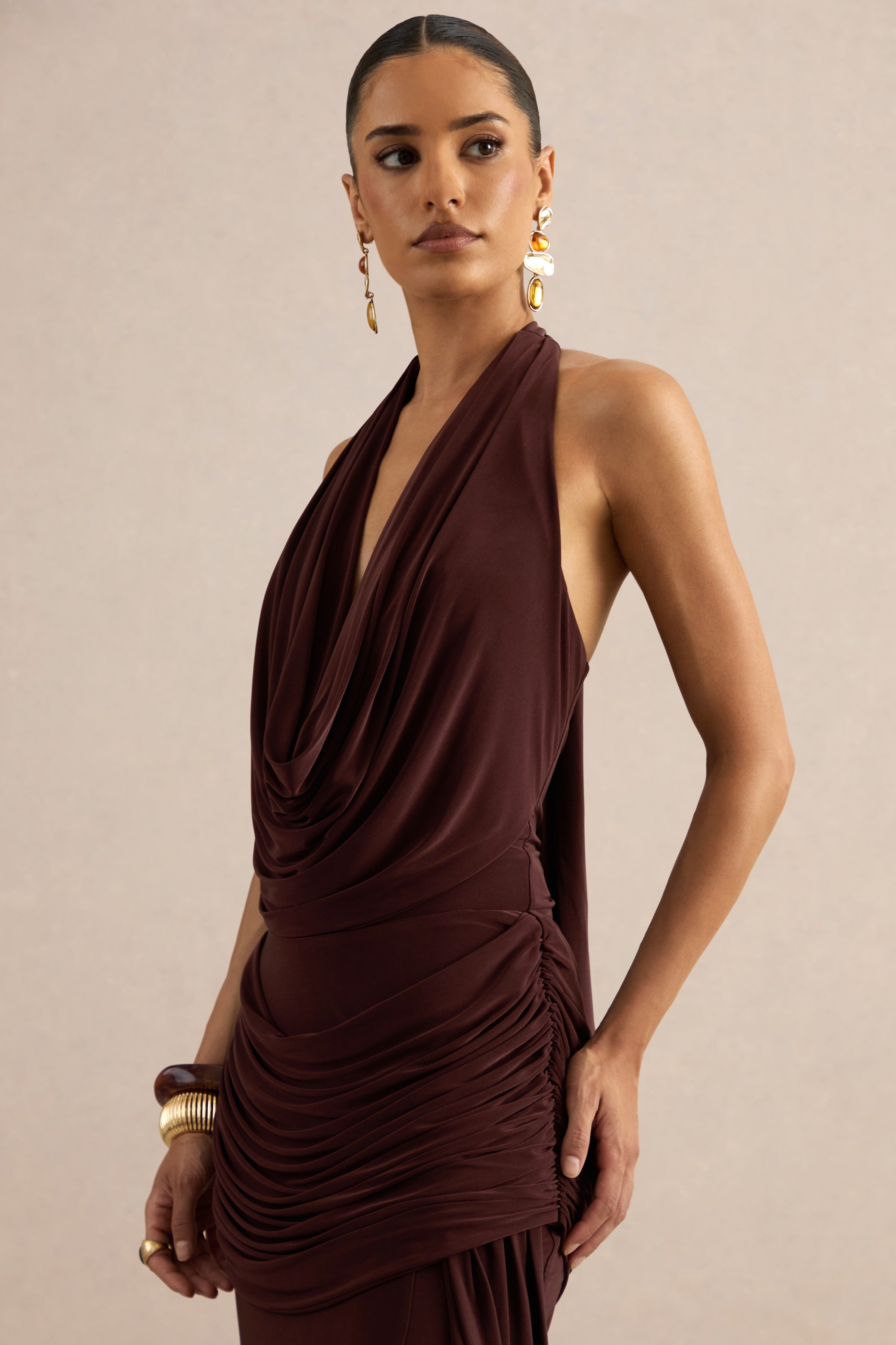 Kavya | Dark Brown Extreme Plunge Neck Thong Bodysuit