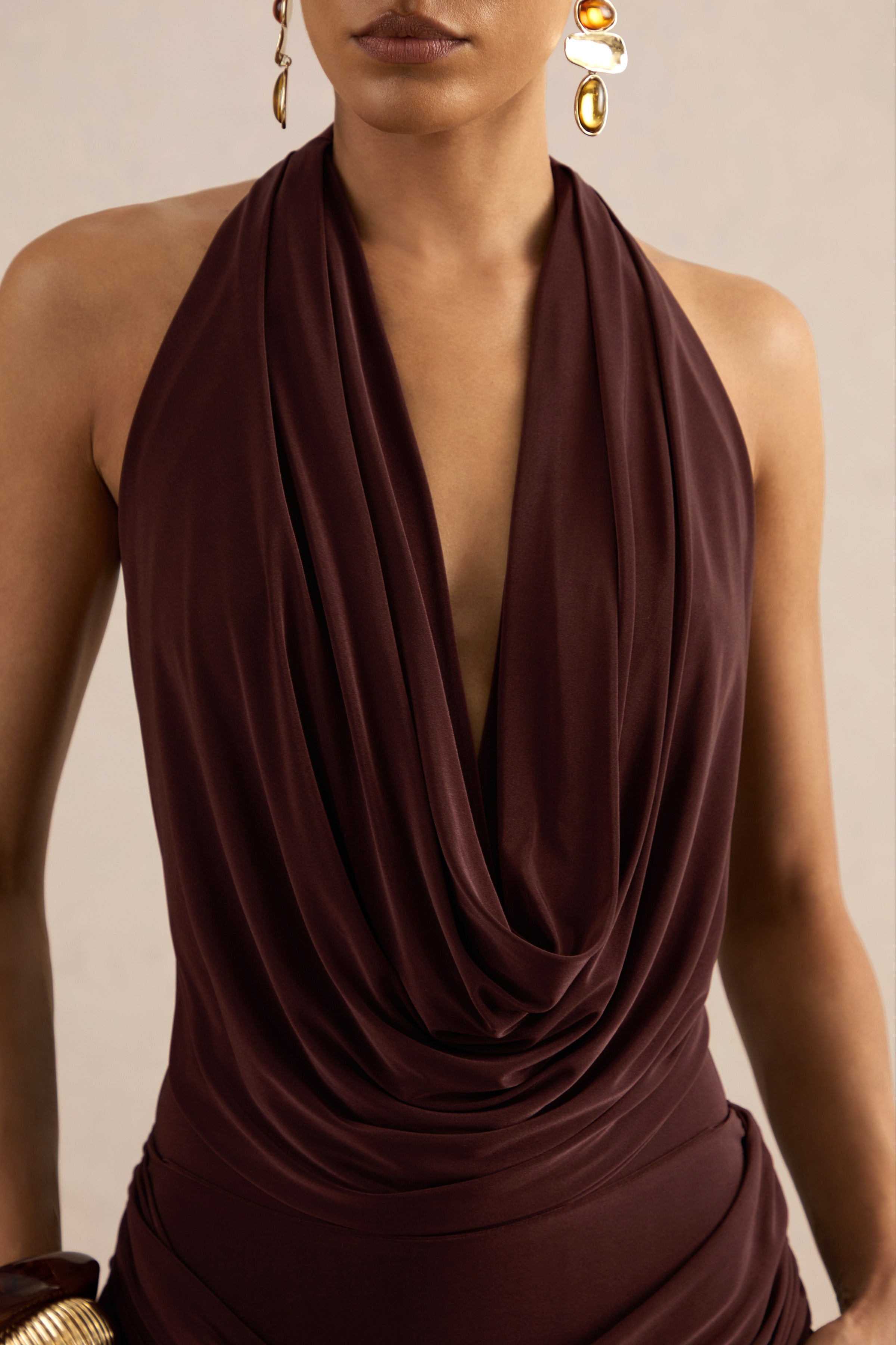Kavya | Dark Brown Extreme Plunge Neck Thong Bodysuit