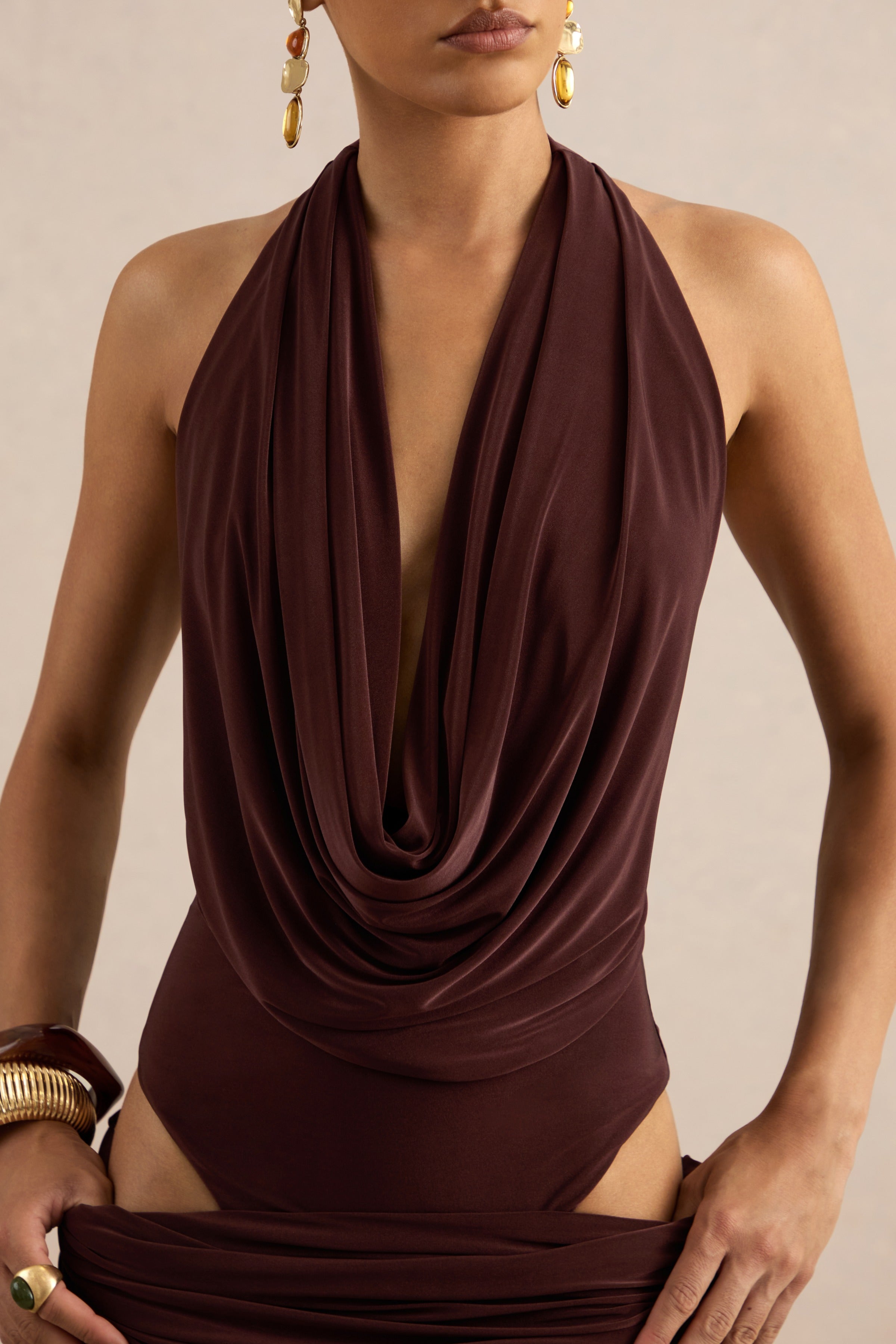 Kavya | Dark Brown Extreme Plunge Neck Thong Bodysuit