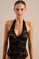 Nerise | Black Lace Plunge-Neck Bodysuit