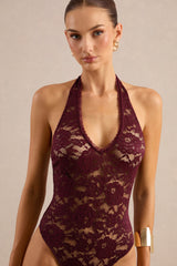 Nerise | Burgundy Lace Plunge-Neck Bodysuit