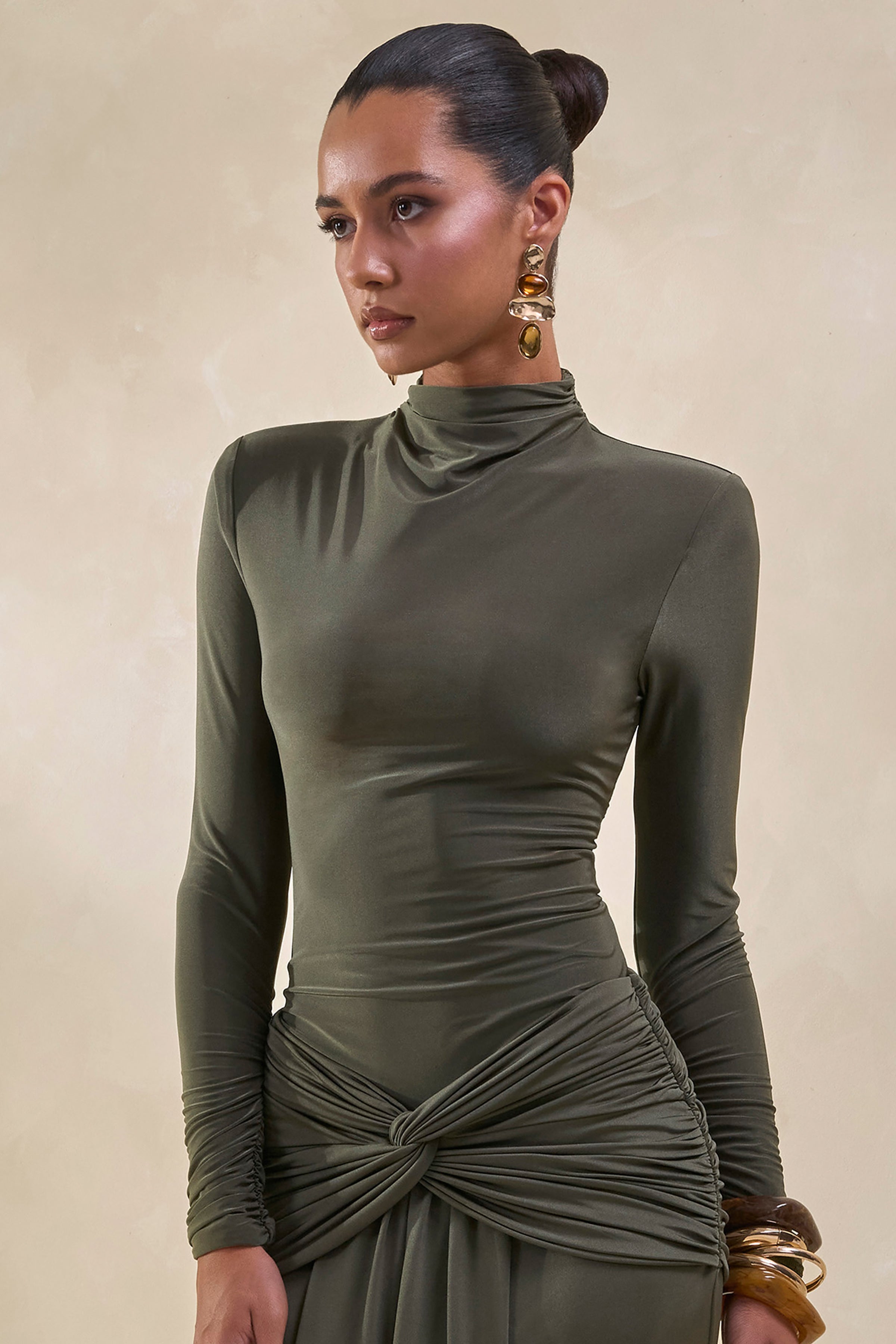 Lyanna | Khaki Turtle-Neck Thong Bodysuit
