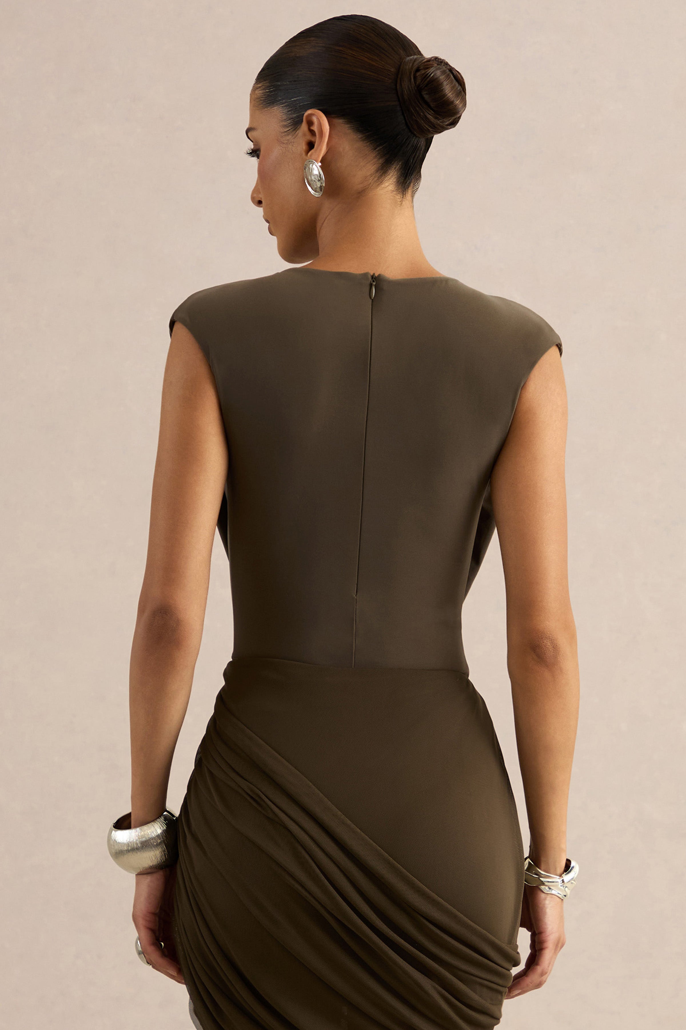 Kessia | Khaki Wide-Neck Thong Bodysuit With Mesh Detail