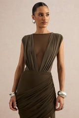 Kessia | Khaki Wide-Neck Thong Bodysuit With Mesh Detail