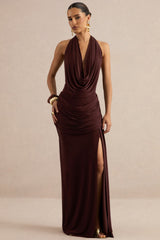 Ariadne | Dark Brown Draped Maxi Skirt With Split
