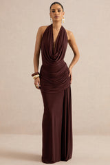 Ariadne | Dark Brown Draped Maxi Skirt With Split