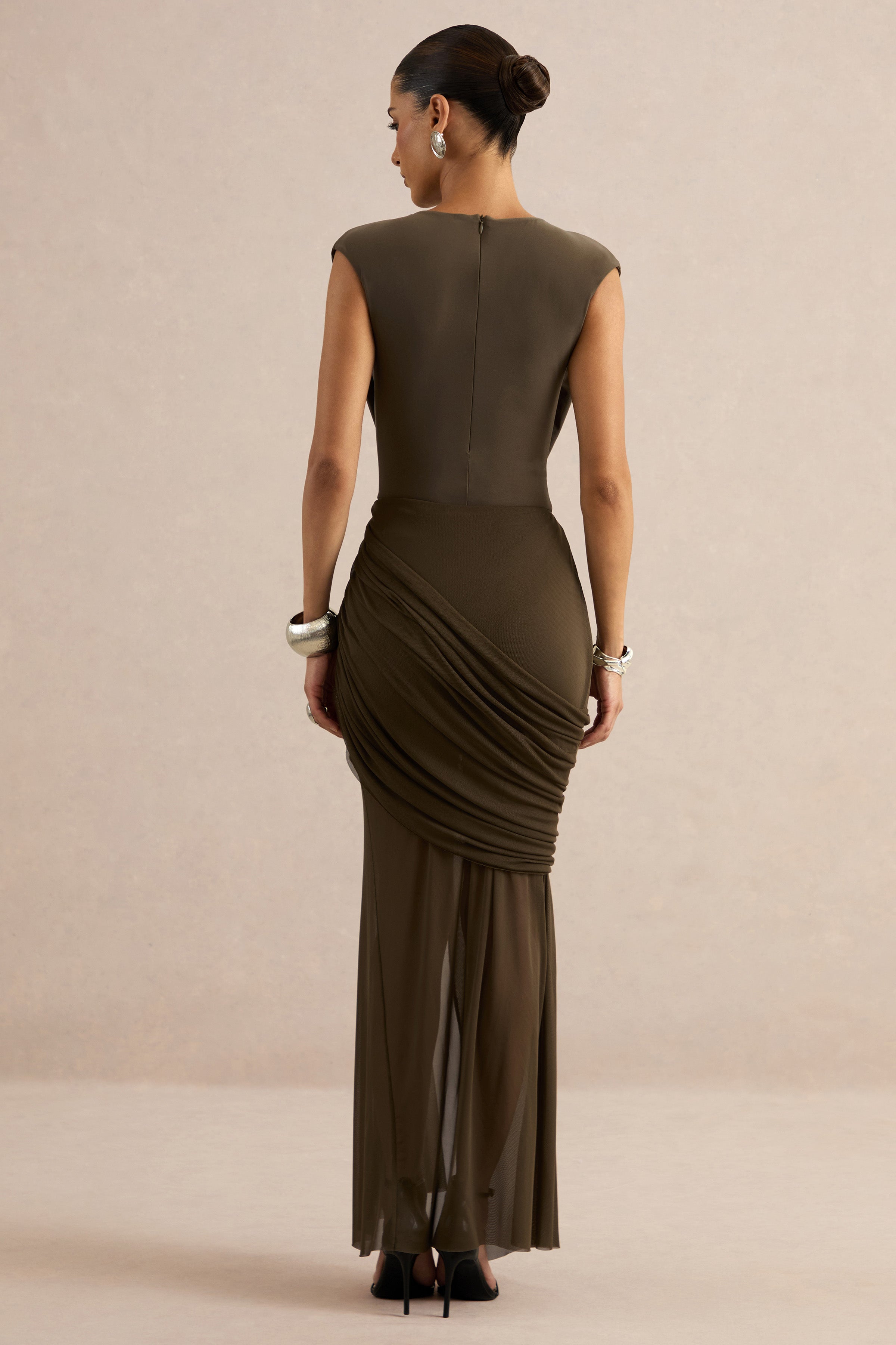 Persephone | Khaki Mesh Wrapped Maxi Skirt With Split