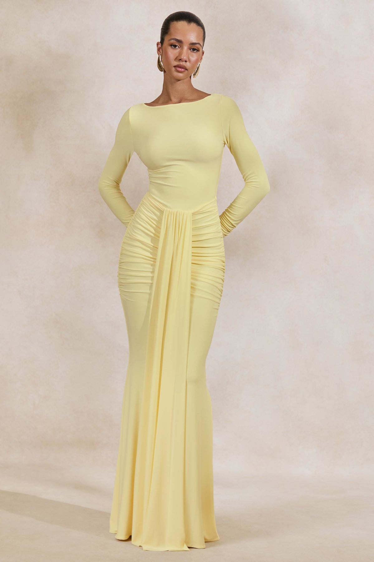 Liatris | Lemon Wide-Neck Maxi-Dress With Gathered-Detailing
