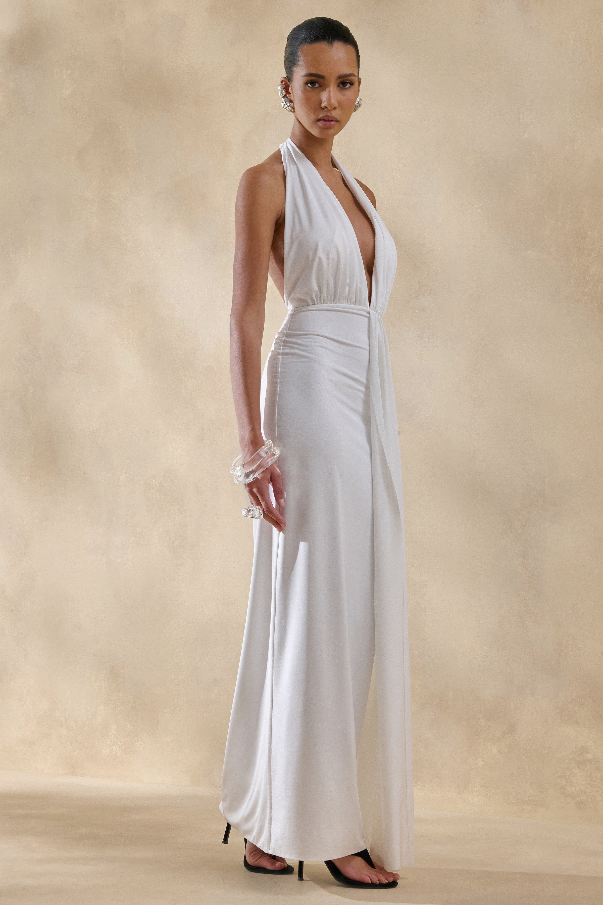 Doria | White Plunge-Neck Maxi Dress
