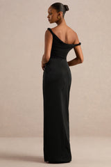 Lassia | Black Satin Gathered Maxi-Skirt With Lace