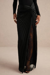 Lassia | Black Satin Gathered Maxi-Skirt With Lace