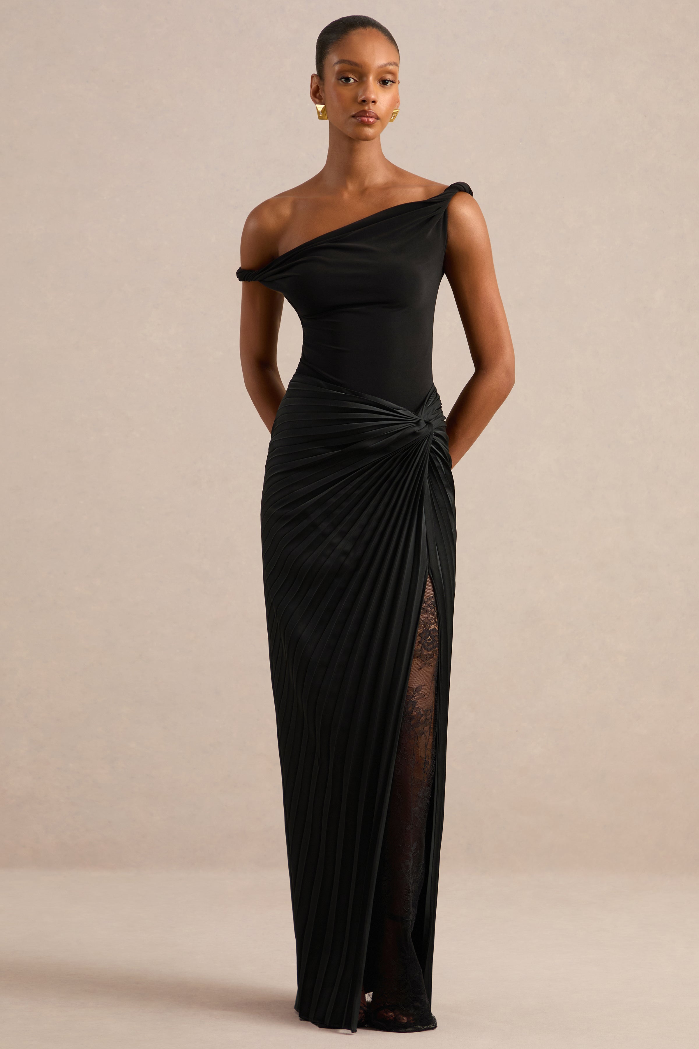 Lassia | Black Satin Gathered Maxi-Skirt With Lace