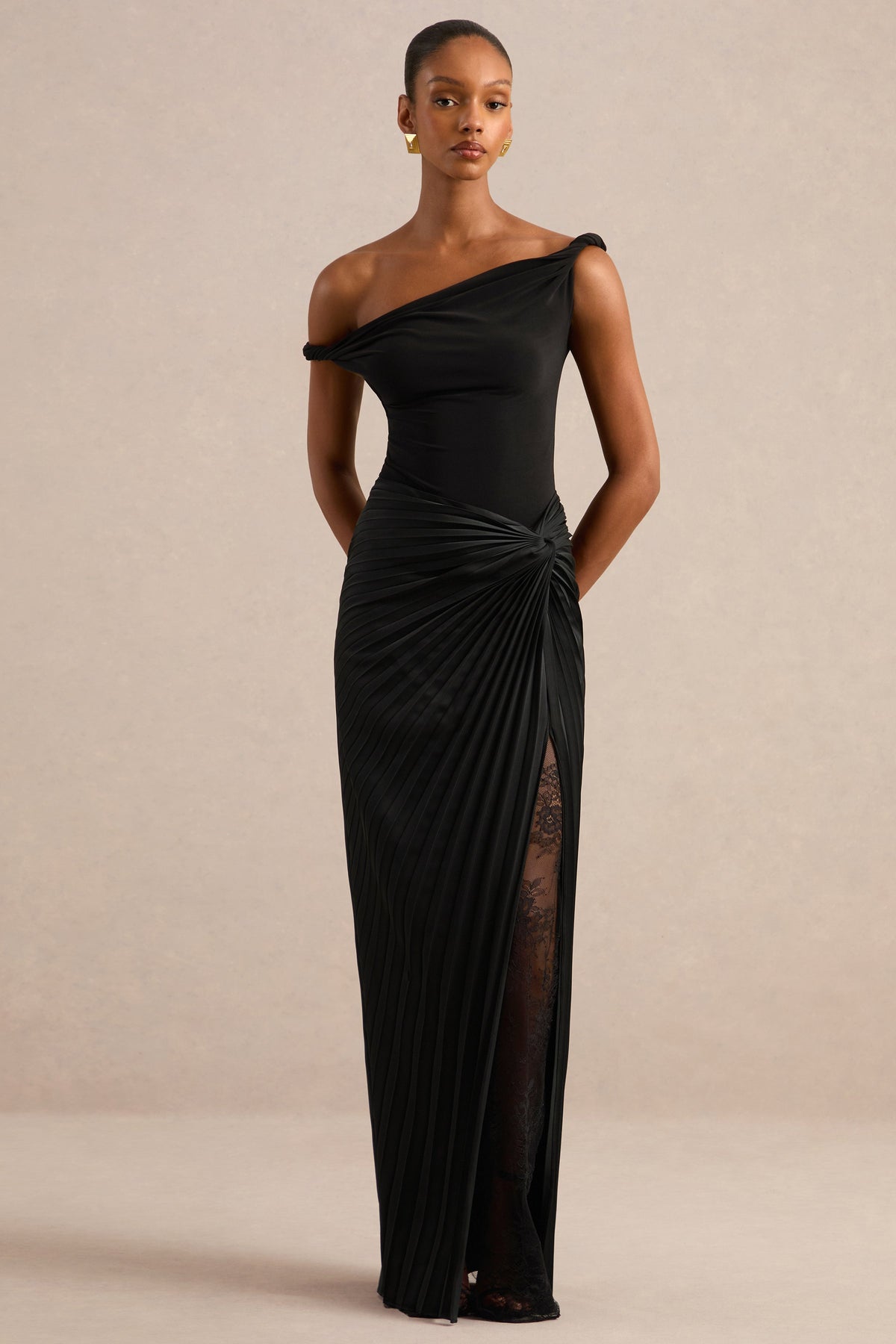 Lassia | Black Satin Gathered Maxi-Skirt With Lace