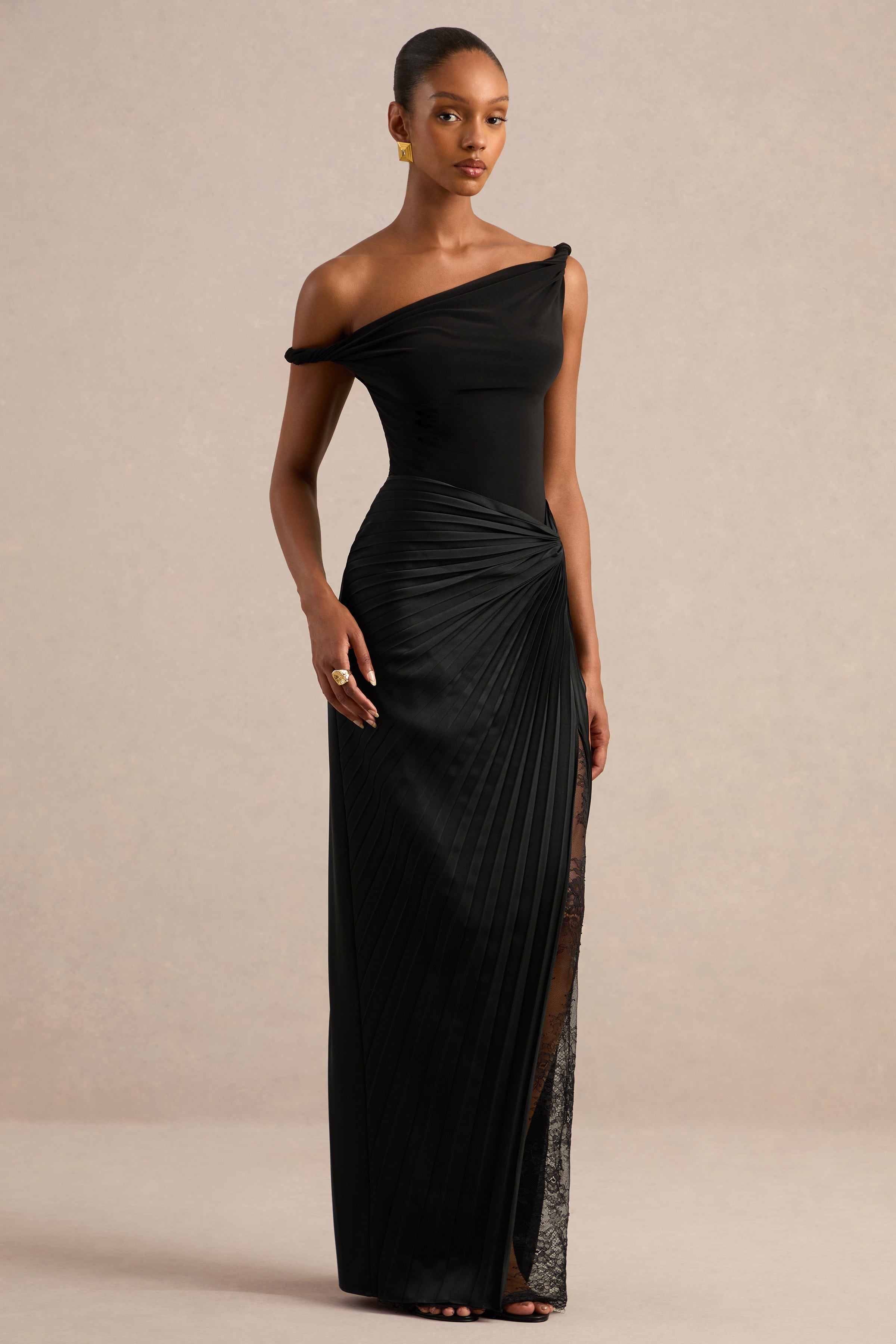 Lassia | Black Satin Gathered Maxi-Skirt With Lace