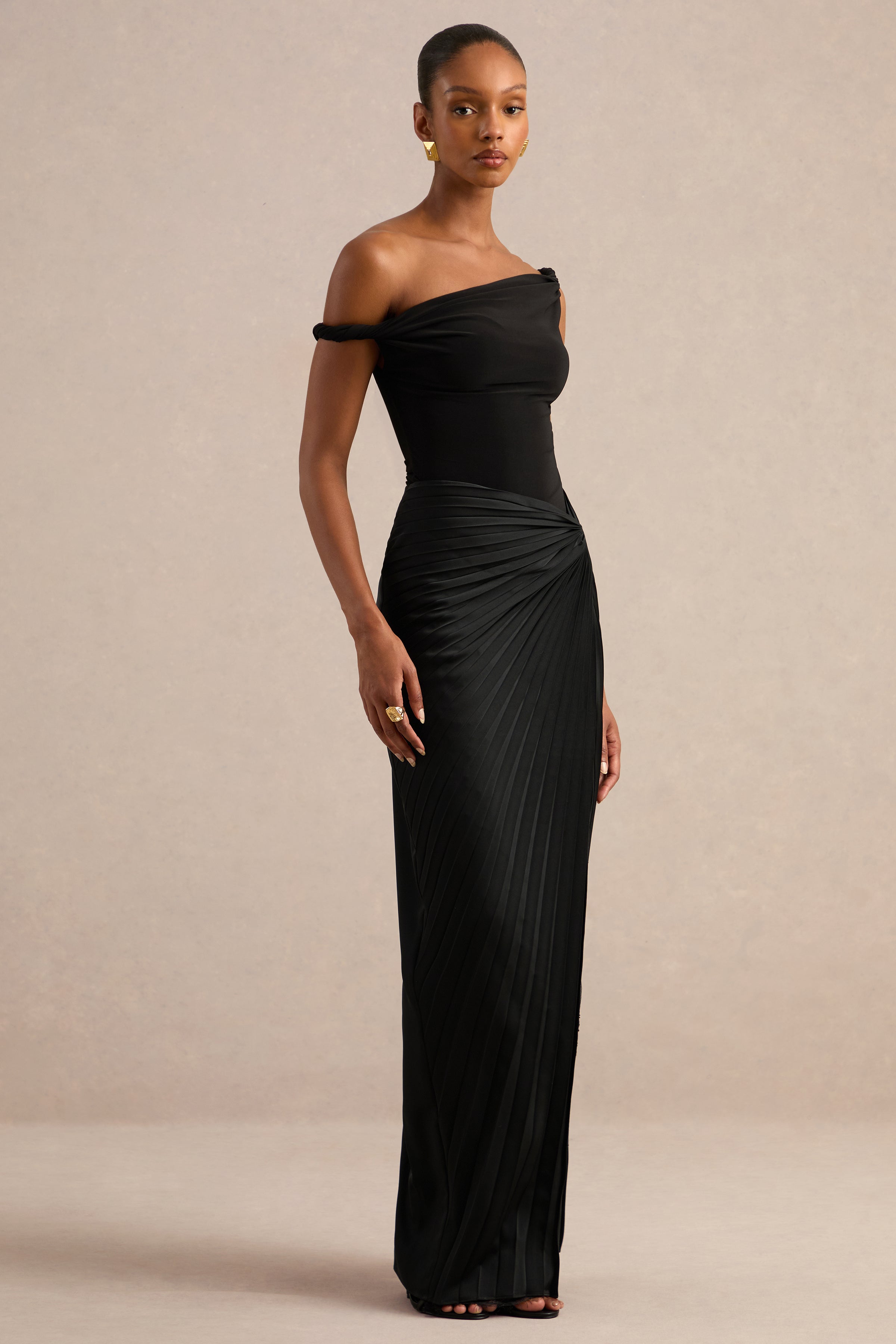 Lassia | Black Satin Gathered Maxi-Skirt With Lace