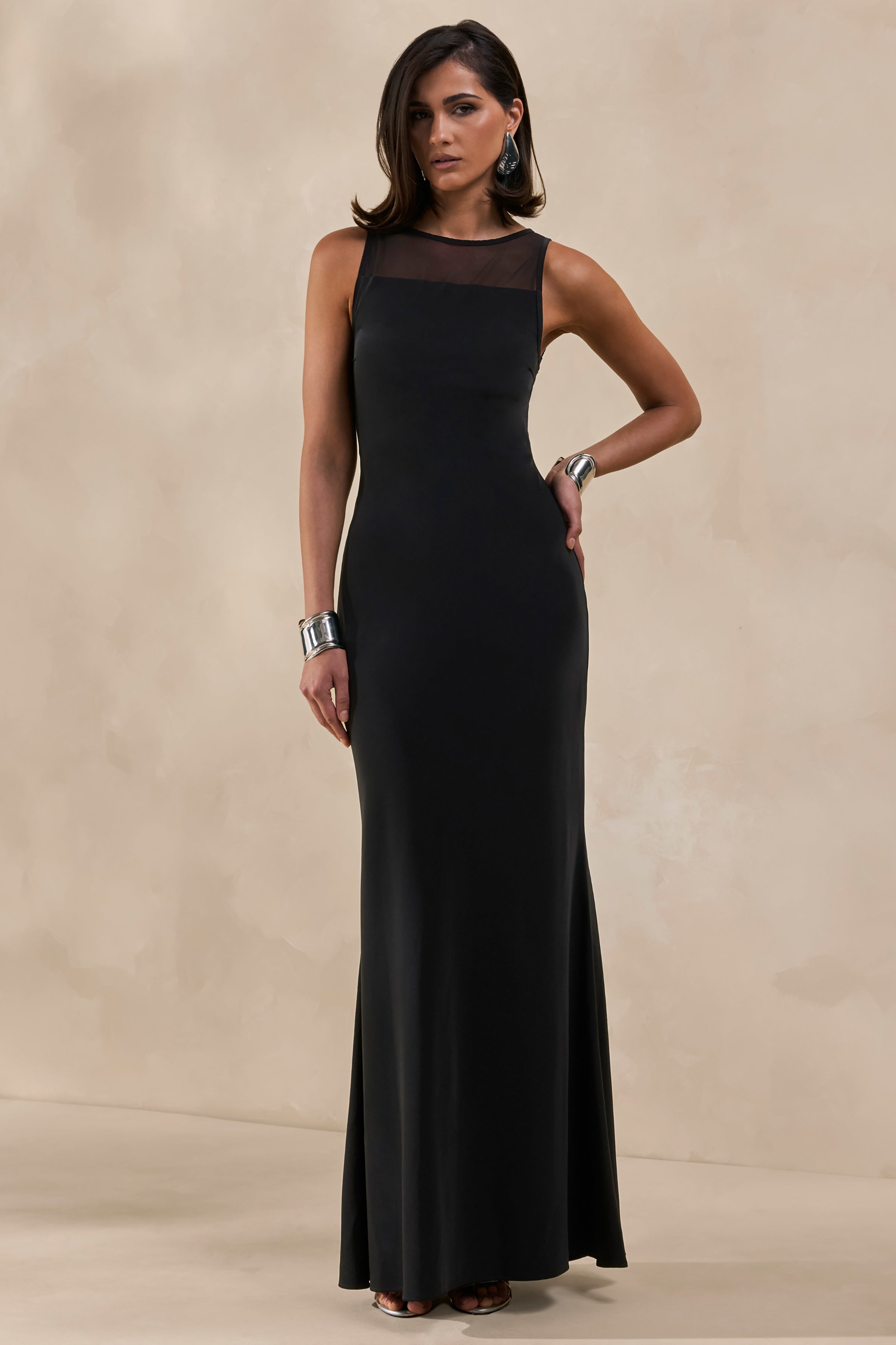 Rosevine | Black Crew-Neck Maxi Dress With Mesh Panel