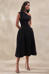 Celosia | Black Asymmetric-Neck Midi Dress With Gold-Detailing