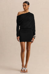 Inoria | Black Asymmetric-Neck Mini Dress
