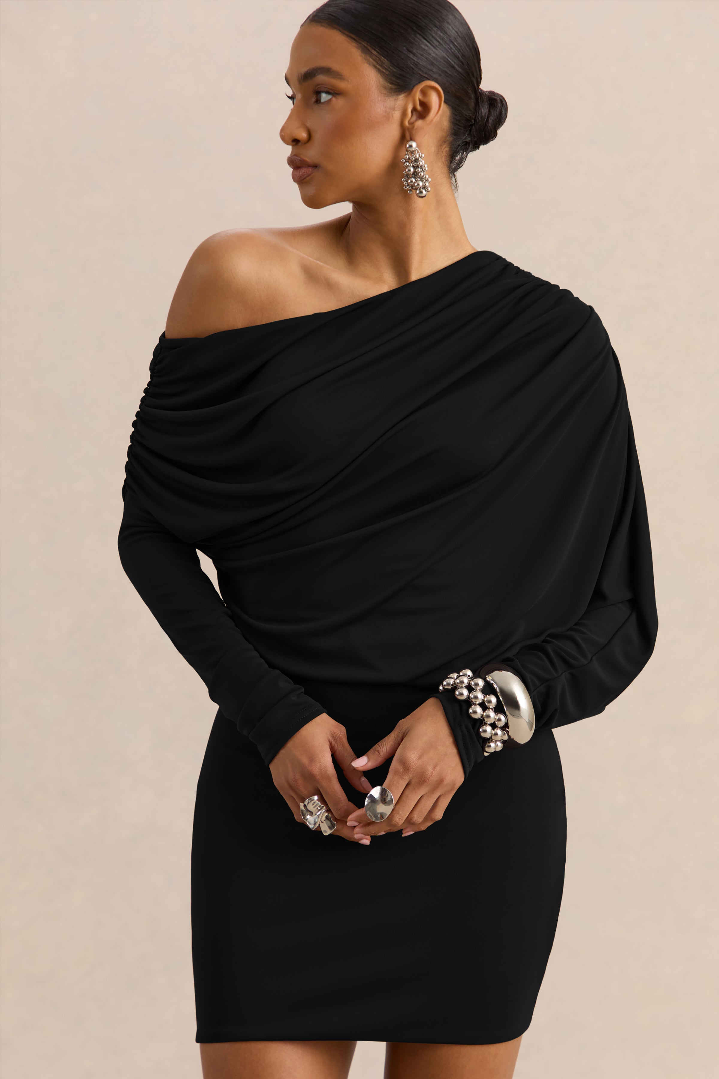 Inoria | Black Asymmetric-Neck Mini Dress