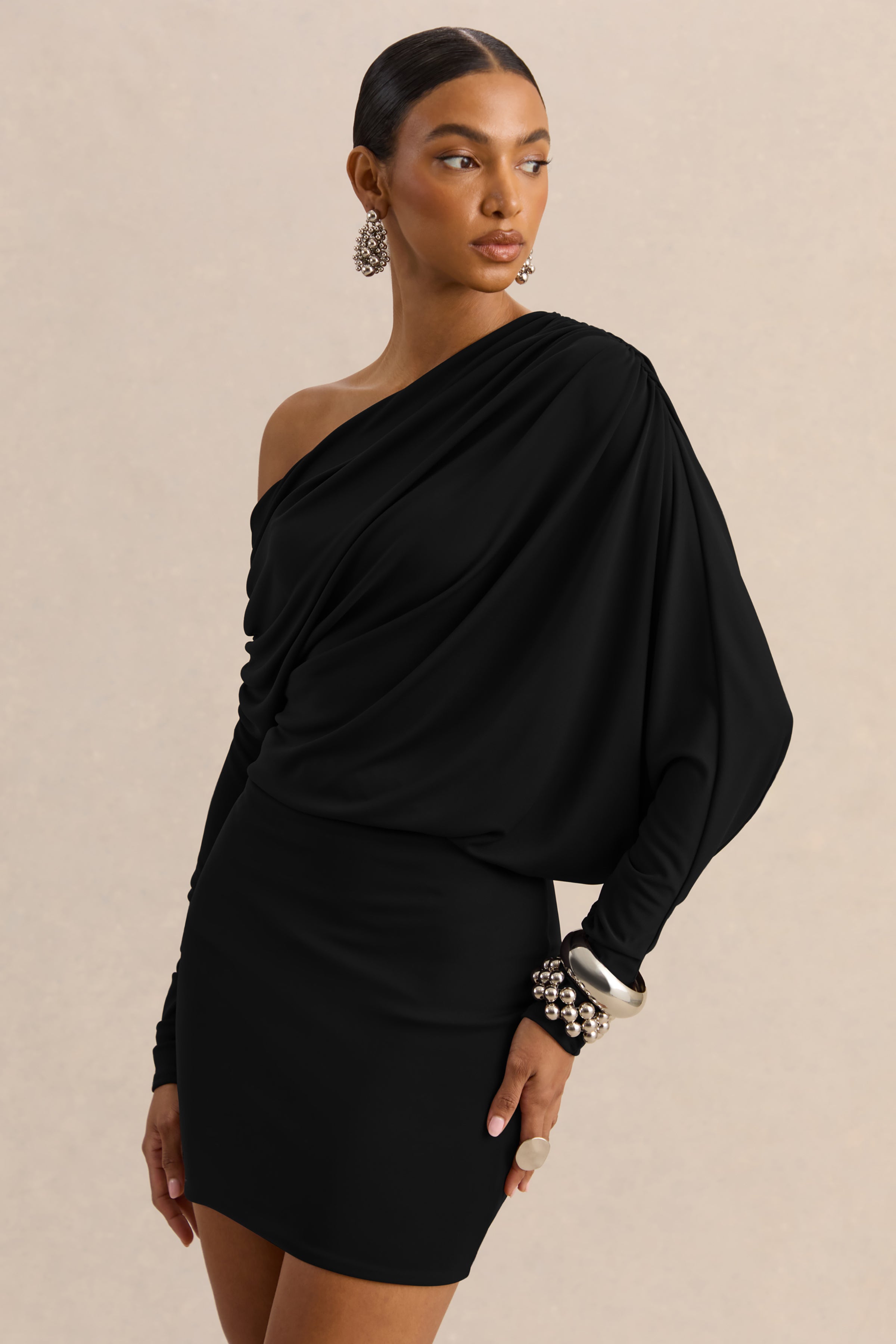 Inoria | Black Asymmetric-Neck Mini Dress