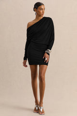 Inoria | Black Asymmetric-Neck Mini Dress