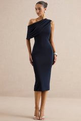 Madelisse | Navy Asymmetric-Neck Midi Dress With Sash