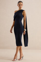 Madelisse | Navy Asymmetric-Neck Midi Dress With Sash